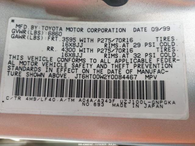 2000 LEXUS LX 470 JT6HT00W2Y0084467 Photo 8