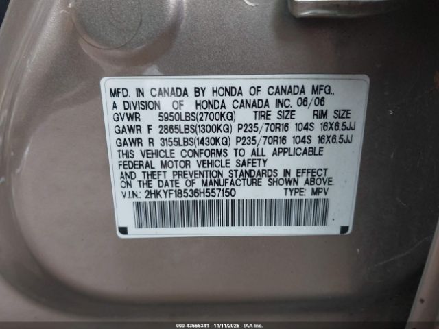 2006 HONDA PILOT 2HKYF18536H557150 Photo 8