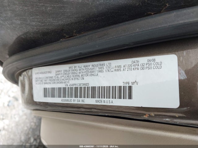 Aukcja sprzedaży 2008 Subaru Outback 2.5i/2.5i L.l. Bean Edition, vin: 4S4BP61C387366825, numer aukcji: 43665361