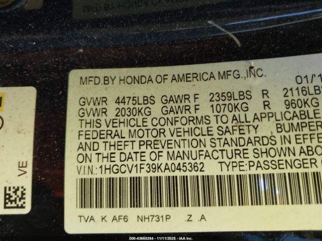 2019 HONDA ACCORD 1HGCV1F39KA045362 Photo 8