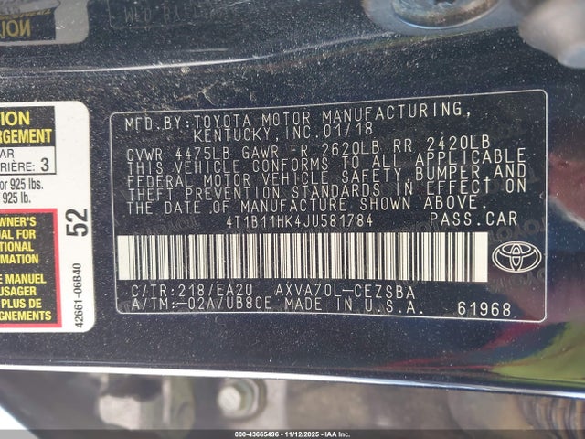 4T1B11HK4JU581784 Toyota CAMRY SE