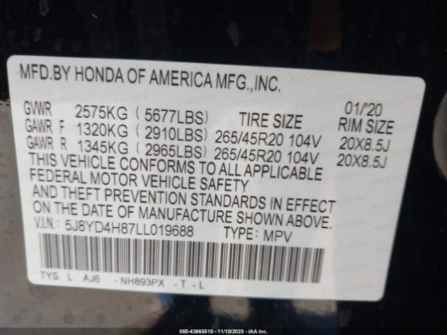 2020 ACURA MDX 5J8YD4H87LL019688 Photo 8