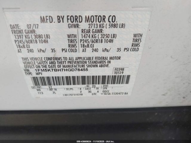 2017 FORD EXPLORER 1FM5K7BH7HGD78455 Photo 8