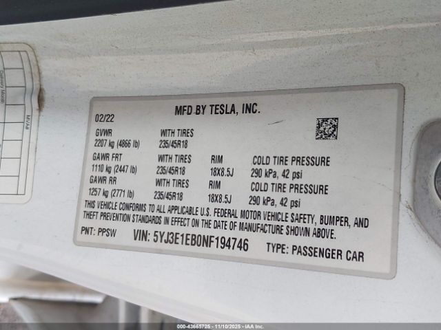 2022 TESLA MODEL 3 5YJ3E1EB0NF194746 Photo 8
