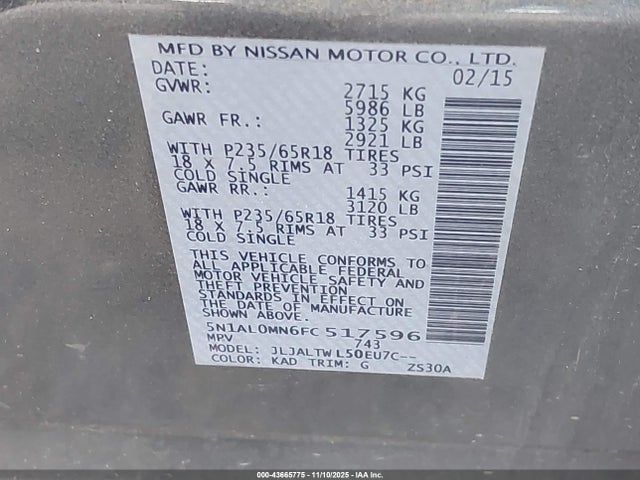 Infiniti QX60 2015 5N1AL0MN6FC517596 Image 9