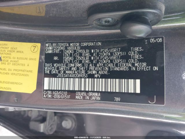 2008 TOYOTA HIGHLANDER JTEES41AX82089053 Photo 8
