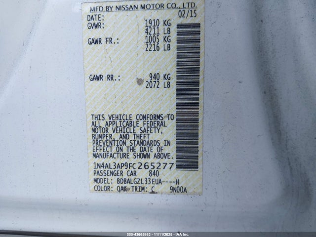 Aukcja sprzedaży 2015 Nissan Altima 2.5 S, vin: 1N4AL3AP9FC265277, numer aukcji: 43665863