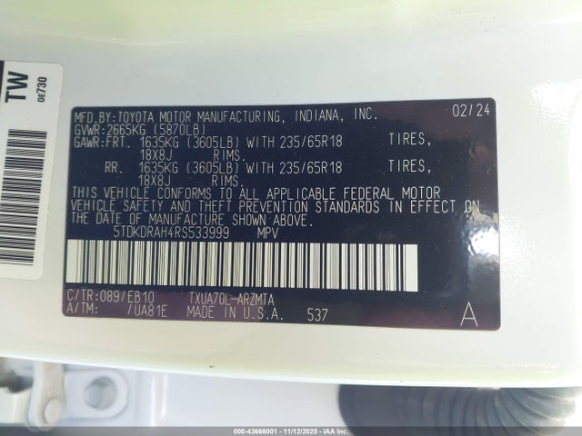 2024 TOYOTA HIGHLANDER 5TDKDRAH4RS533999 Photo 8