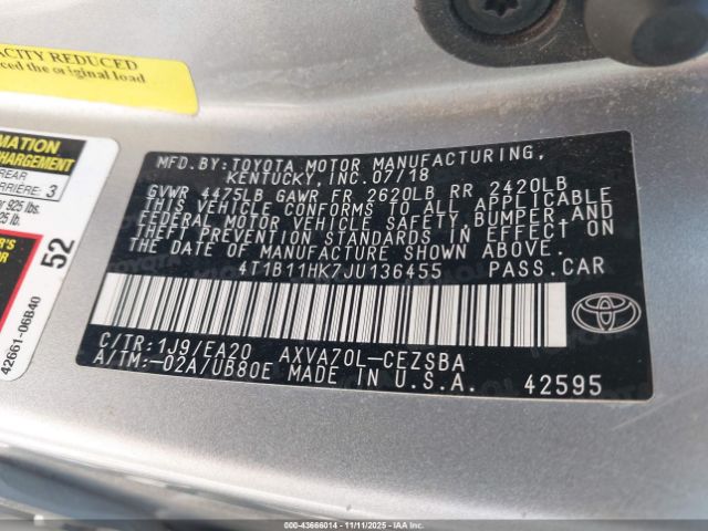 2018 TOYOTA CAMRY 4T1B11HK7JU136455 Photo 8