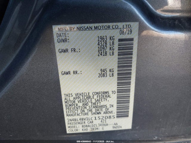 Aukcja sprzedaży 2020 Nissan Altima S Fwd, vin: 1N4BL4BV1LC152085, numer aukcji: 43666043