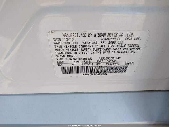 43666195 :رقم المزاد ، JN1BV7AP1EM686082 vin ، 2014 Infiniti Q50 Premium/sport مزاد بيع