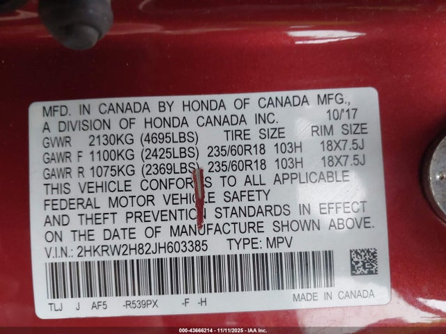 2HKRW2H82JH603385 Honda Cr-v Ex-l/ex-l Navi