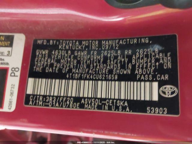 2012 TOYOTA CAMRY 4T1BF1FK4CU621658 Photo 8