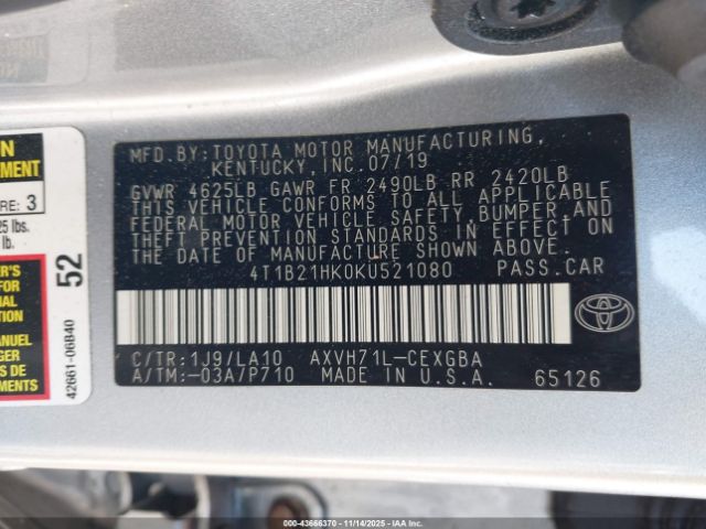 2019 TOYOTA CAMRY HYBRID 4T1B21HK0KU521080 Photo 8