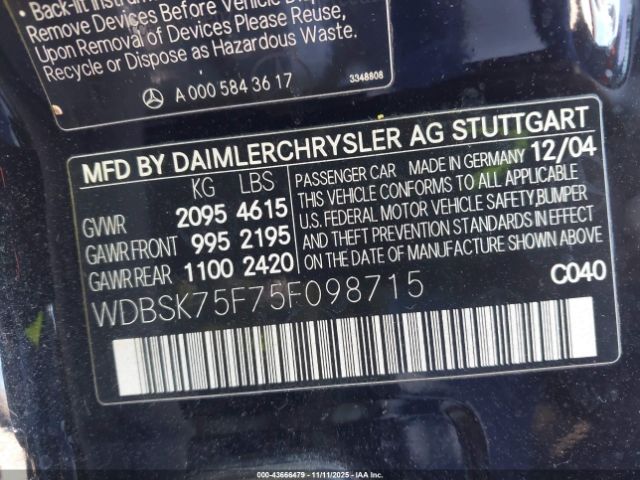 2005 MERCEDES-BENZ SL 500 WDBSK75F75F098715 Photo 8