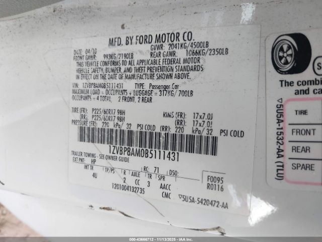 2011 FORD MUSTANG 1ZVBP8AM0B5111431 Photo 8