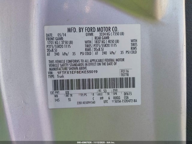 Продаж на аукціоні авто 2014 Ford F-150 Stx, vin: 1FTFX1EF8EKE55019, номер лоту: 43667026