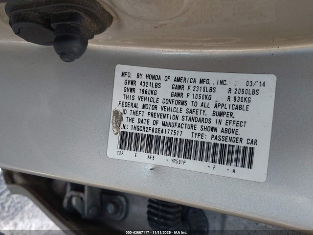 2014 Honda Accord Ex-l მანქანა იყიდება აუქციონზე, vin: 1HGCR2F80EA177517, აუქციონის ნომერი: 43667117