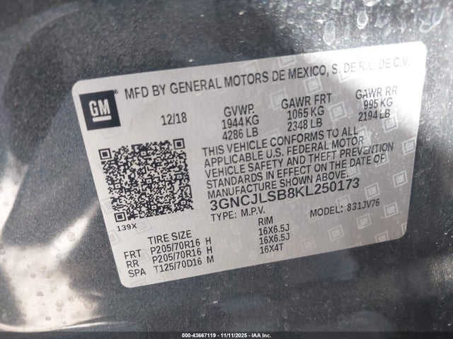 3GNCJLSB8KL250173 Chevrolet Trax Lt