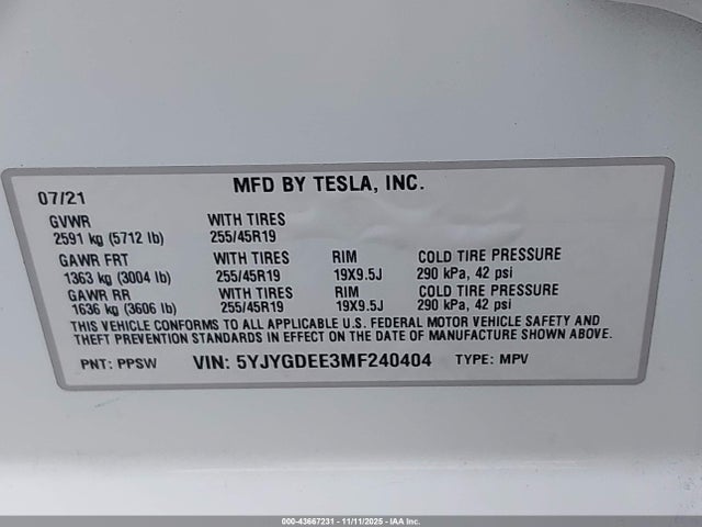 43667231 :رقم المزاد ، 5YJYGDEE3MF240404 vin ، 2021 Tesla Model Y Long Range Dual Motor All-wheel Drive مزاد بيع