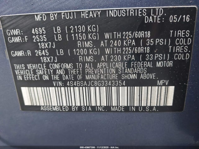 Subaru Outback 2.5i Limited 2016 4S4BSAJC8G3343354 Image 9