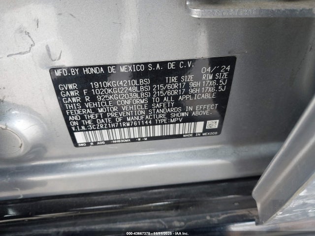 3CZRZ1H71RM761144 Honda Hr-v 2wd Ex-l/2wd Ex-l W/o Bsi