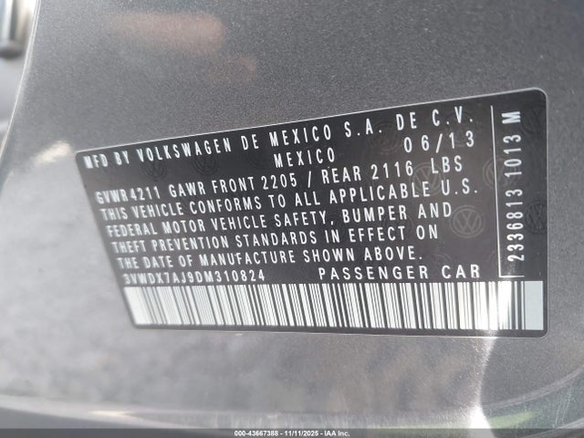 Aukcja sprzedaży 2013 Volkswagen Jetta 2.5l Se, vin: 3VWDX7AJ9DM310824, numer aukcji: 43667388
