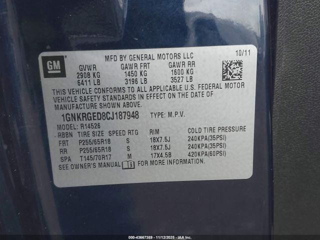 2012 CHEVROLET TRAVERSE 1GNKRGED8CJ187948 Photo 8