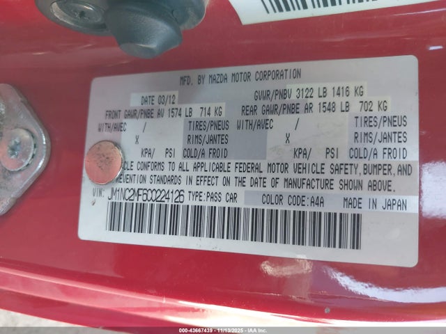 43667439 :رقم المزاد ، JM1NC2MF6C0224126 vin ، 2012 Mazda Mx-5 Miata Touring مزاد بيع