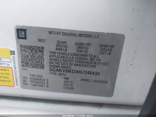 2017 Buick Enclave Leather მანქანა იყიდება აუქციონზე, vin: 5GAKVBKDXHJ348434, აუქციონის ნომერი: 43667468