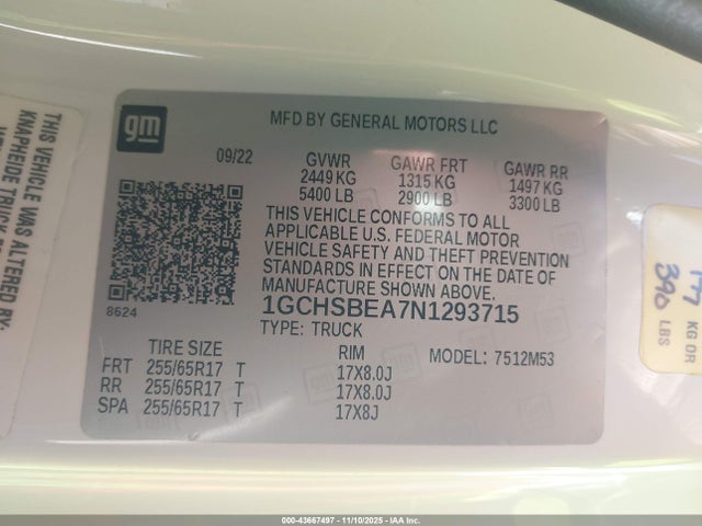 Продаж на аукціоні авто 2022 Chevrolet Colorado 2wd  Long Box Wt, vin: 1GCHSBEA7N1293715, номер лоту: 43667497