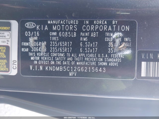 KNDMB5C12G6215643 KIA SEDONA LX