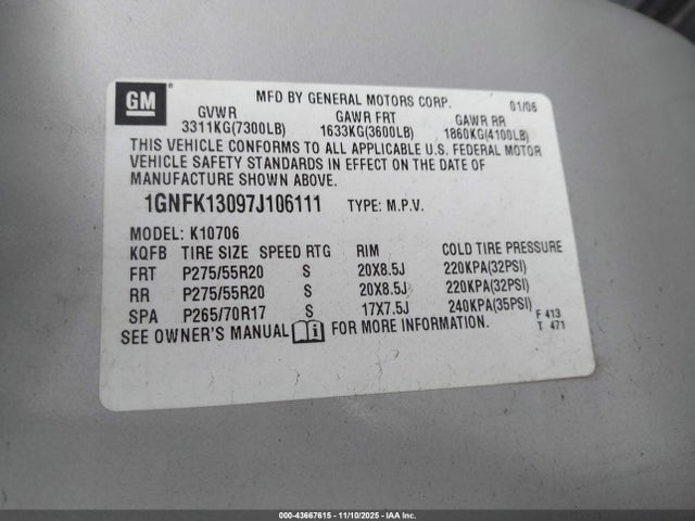 Продажа на аукционе авто 2007 Chevrolet Tahoe Lt, vin: 1GNFK13097J106111, номер лота: 43667615