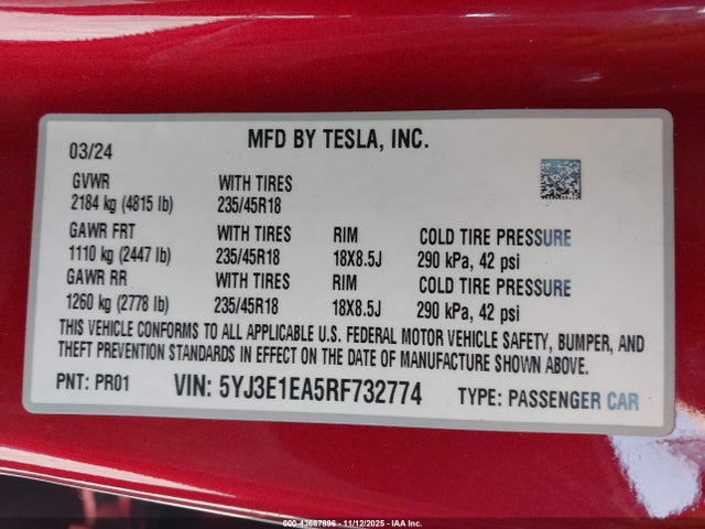 Aukcja sprzedaży 2024 Tesla Model 3 Long Range Dual Motor All-wheel Drive/rear-wheel Drive, vin: 5YJ3E1EA5RF732774, numer aukcji: 43667896