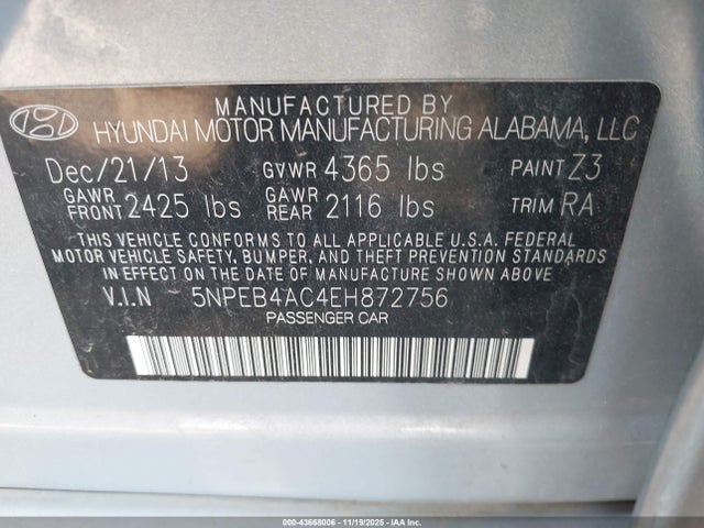 2014 Hyundai Sonata Gls მანქანა იყიდება აუქციონზე, vin: 5NPEB4AC4EH872756, აუქციონის ნომერი: 43668006