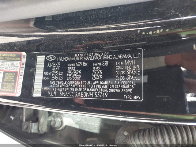 5NMJC3AE0NH153749 Hyundai TUCSON SEL
