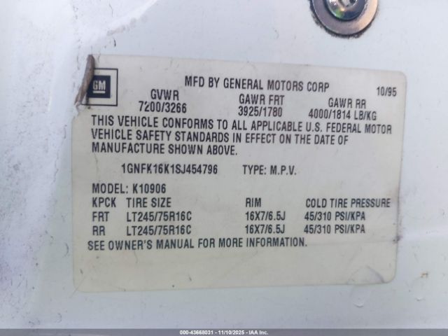 1995 CHEVROLET SUBURBAN 1GNFK16K1SJ454796 Photo 8