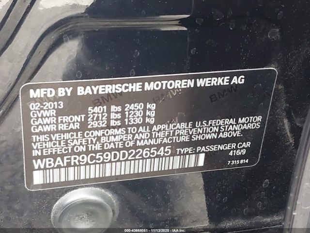 2013 BMW 550I WBAFR9C59DD226545 Photo 8