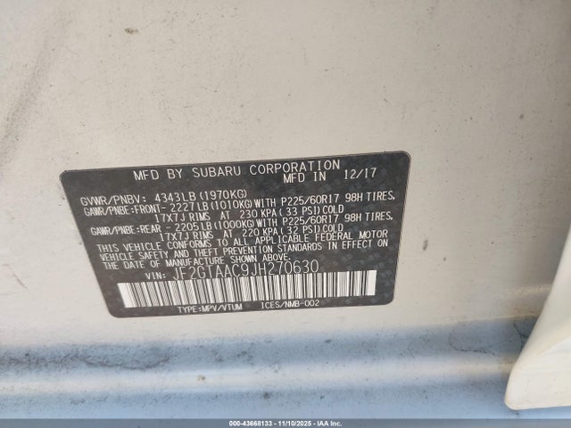 43668133 :رقم المزاد ، JF2GTAAC9JH270630 vin ، 2018 Subaru Crosstrek 2.0i مزاد بيع