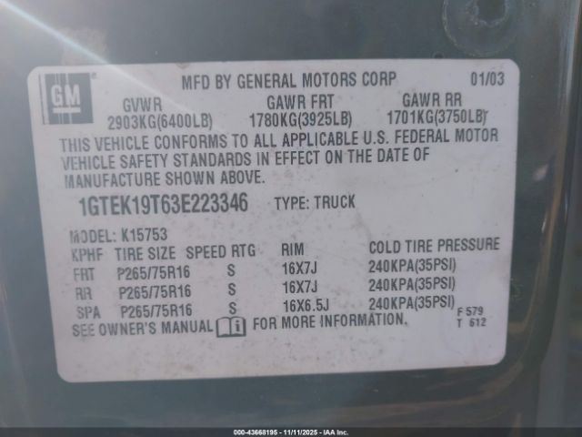 2003 GMC SIERRA 1500 1GTEK19T63E223346 Photo 8