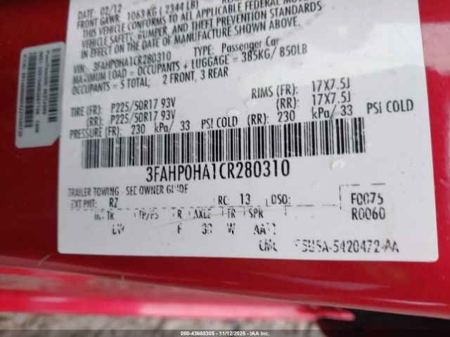 2012 FORD FUSION 3FAHP0HA1CR280310 Photo 8