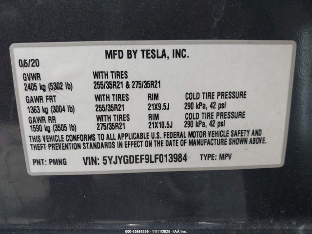 2020 TESLA MODEL Y 5YJYGDEF9LF013984 Photo 8
