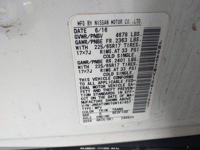JN8AT2MV1GW141457 Nissan ROGUE S