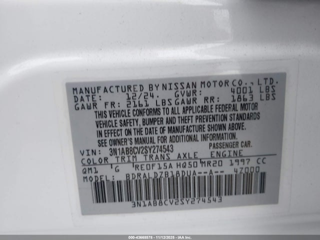 3N1AB8CV2SY274543 Nissan SENTRA SV