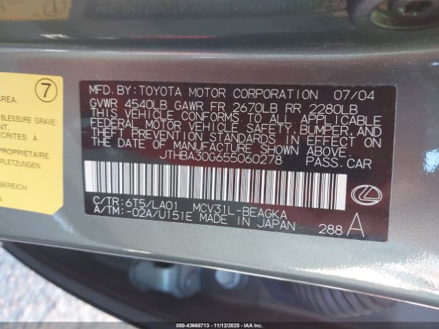 2005 LEXUS ES 330 JTHBA30G655060278 Photo 8