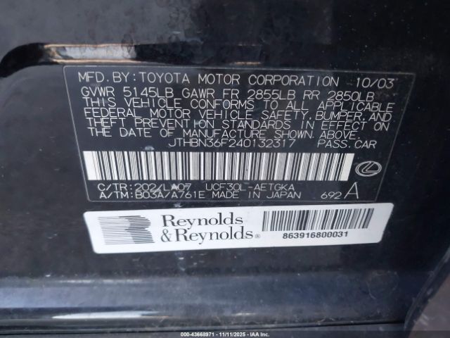 2004 LEXUS LS 430 JTHBN36F240132317 Photo 8