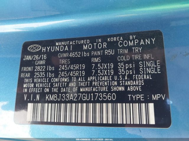 2016 HYUNDAI TUCSON KM8J33A27GU173560 Photo 8