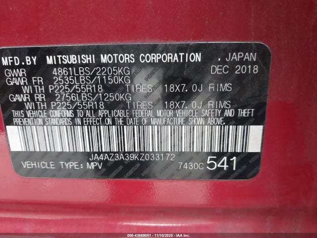 2019 MITSUBISHI OUTLANDER JA4AZ3A39KZ033172 Photo 8