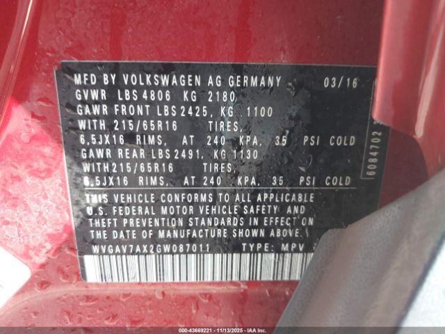 2016 VOLKSWAGEN TIGUAN WVGAV7AX2GW087011 Photo 8