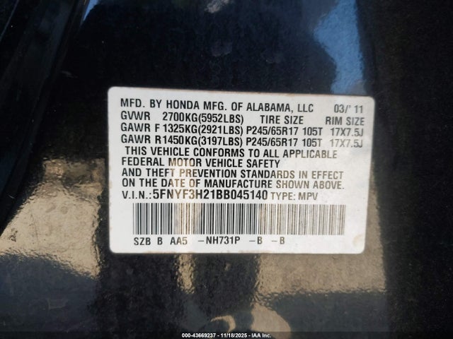 Aukcja sprzedaży 2011 Honda Pilot Lx, vin: 5FNYF3H21BB045140, numer aukcji: 43669237